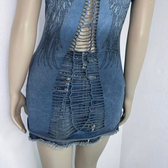 Angel Wings Rhinestone Cutout Tee Blue Distressed Large Y2k  00s Grunge Bling - Picture 3 of 8